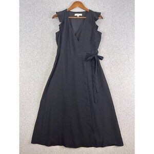 LOFT Midi Dress Women X-Small Black V-Neck Wrap Dress Ruffle Sleeve Feminine